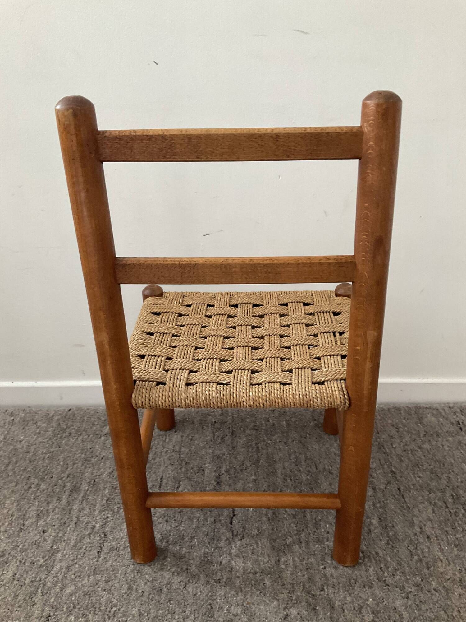 Scandinavian wooden chair and braided rope seat 70s
