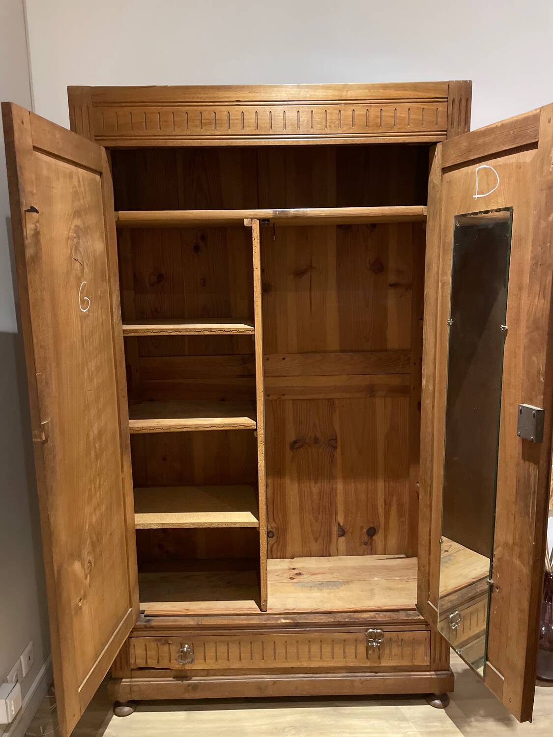 Vintage raw wood cabinet shelves and wardrobe