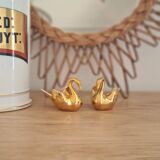 Duo of fine gold Limoges porcelain swan salt cellars