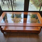 Coffee table with 2 drawers in solid cherry wood and glass.