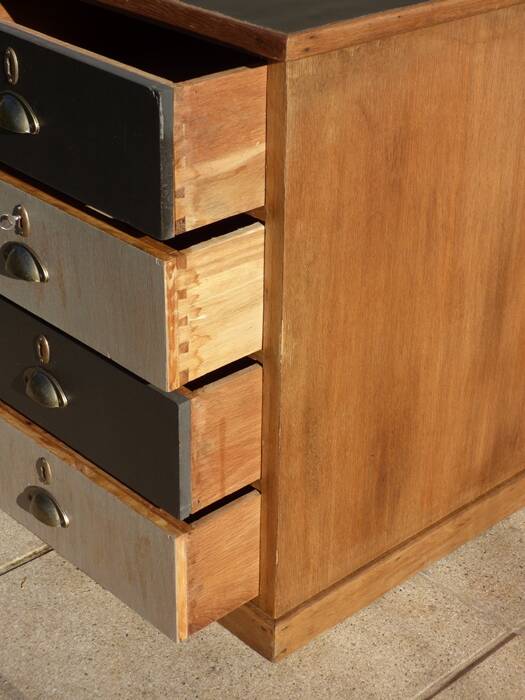 Large wooden desk with 5 drawers and a black faux leather top - Completely revamped.