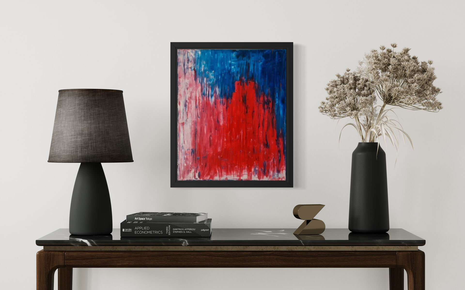 Abstract table red blue pink 46x38 cm painting signed