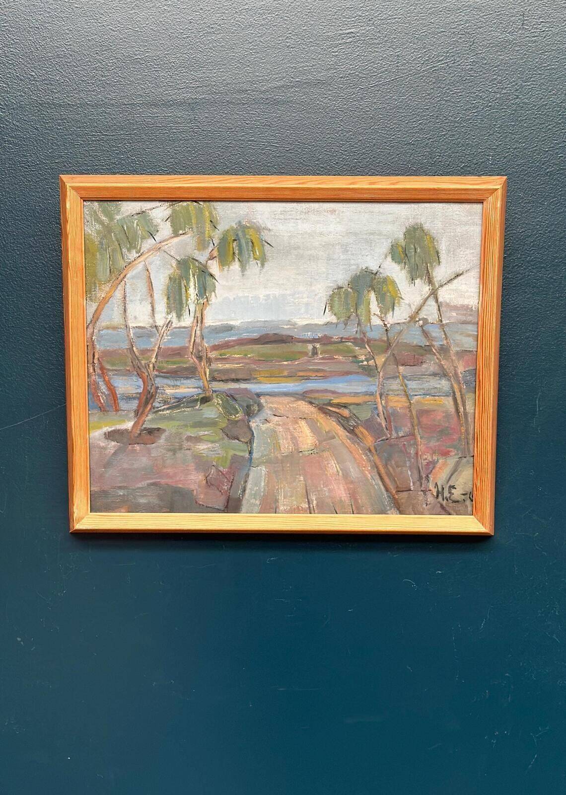 Original Mid Century Scandinavian Oil On Canvas – Path “H.E.” (1960) – Signed – Vintage & Framed – 52 × 43 Cm (20.5" × 16.9")