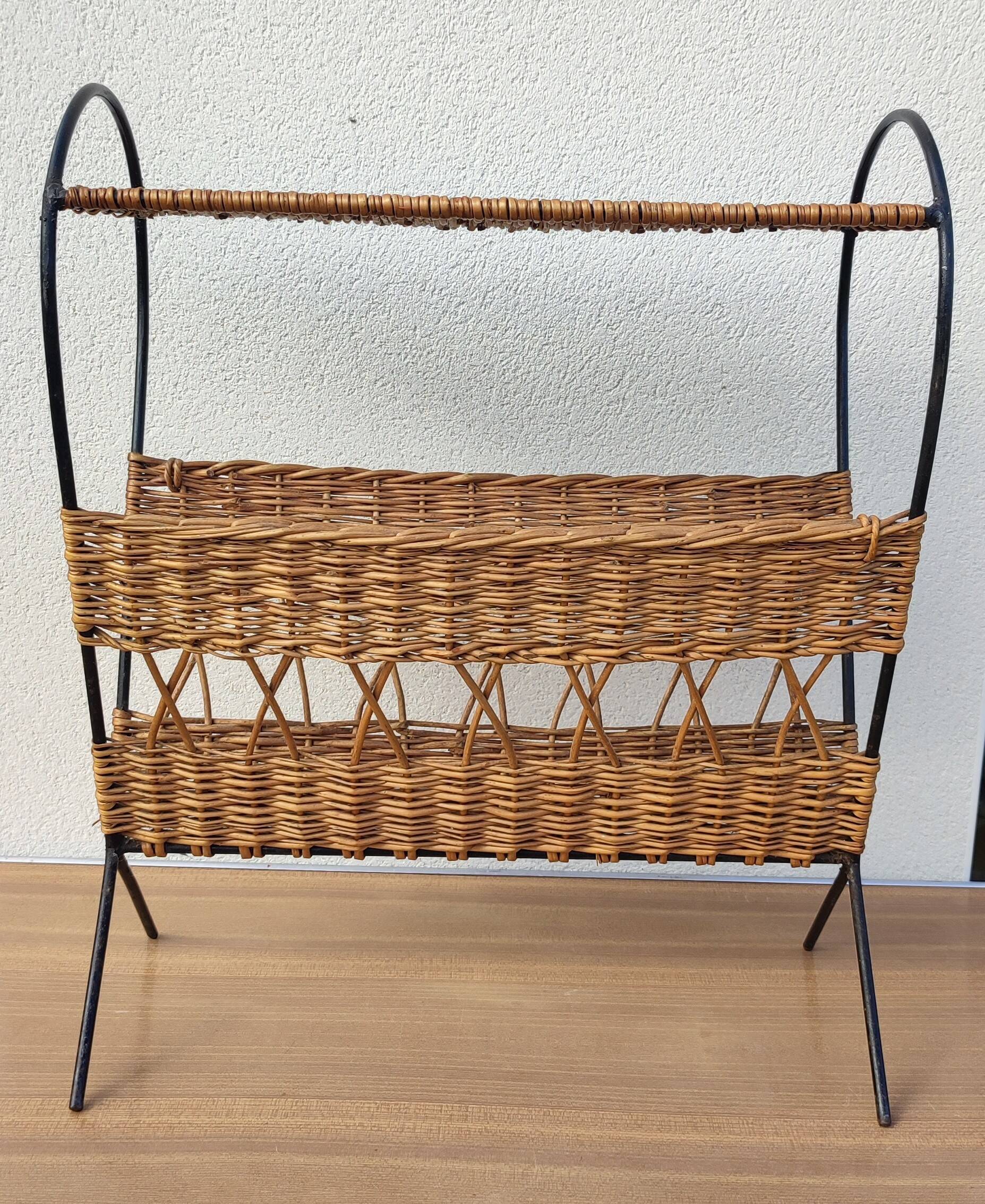 Antique magazine rack made of iron and woven rattan wicker