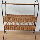 Antique magazine rack made of iron and woven rattan wicker