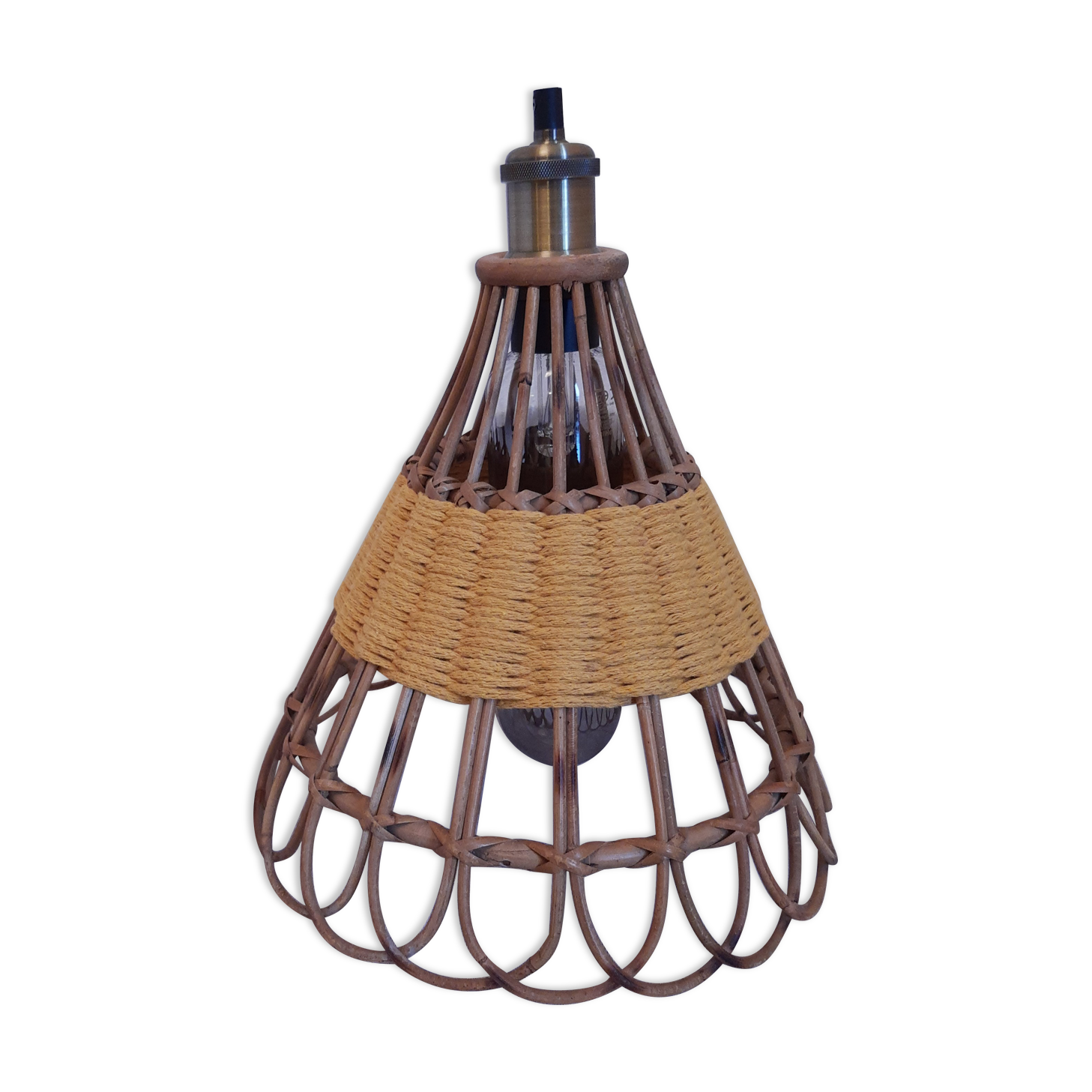 Vintage suspension rattan upcycled macramé mustard yellow