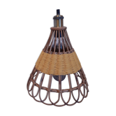 Suspension vintage rotin upcyclée macramé jaune moutarde