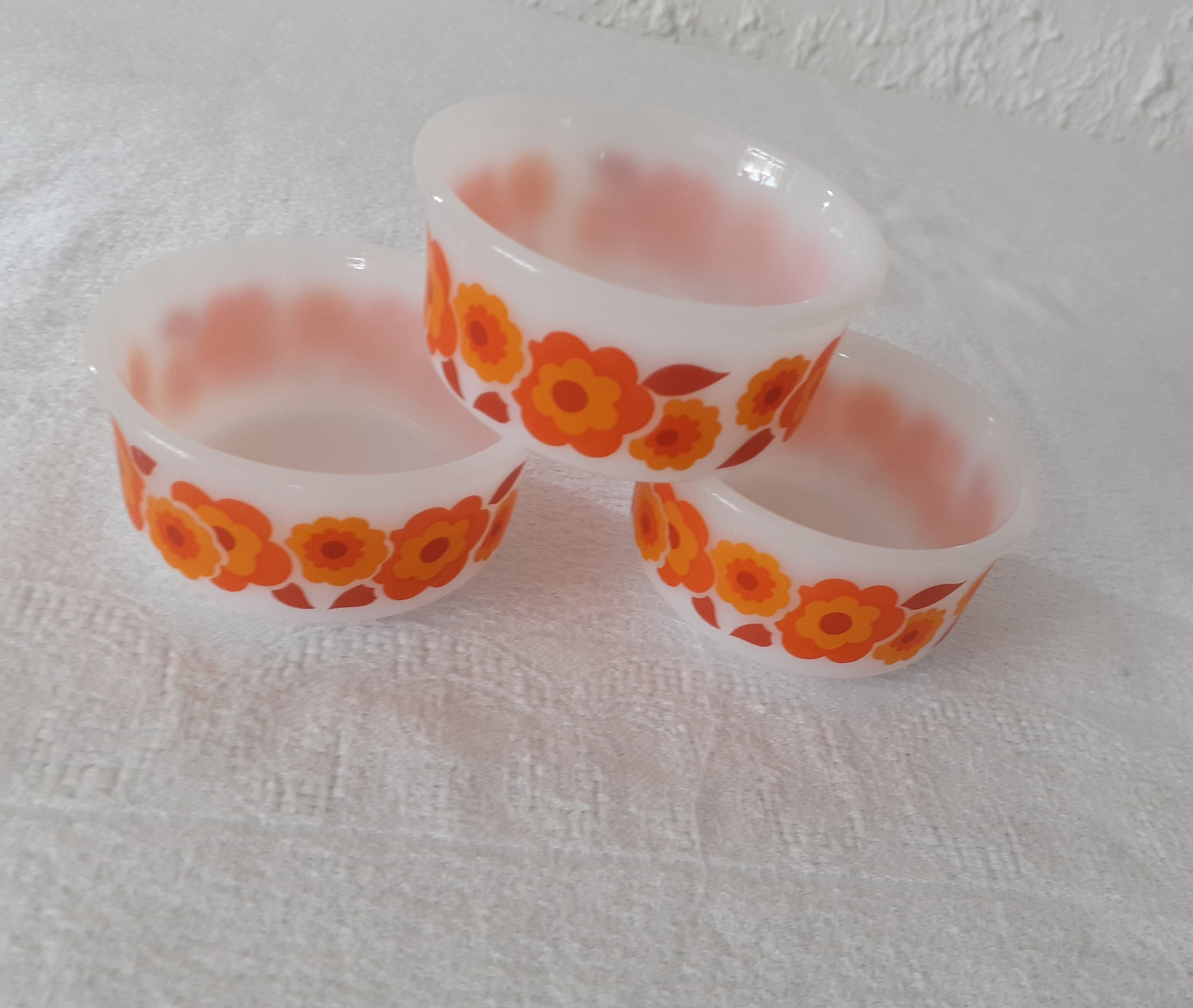 3 ramekins cups LOTUS Arcopal vintage orange flowers