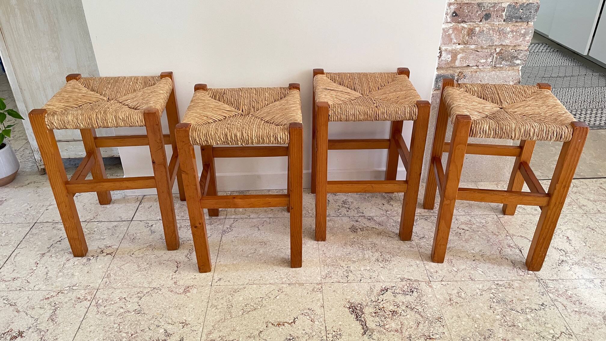 Pair of vintage wooden and straw stools