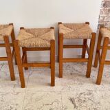 Pair of vintage wooden and straw stools