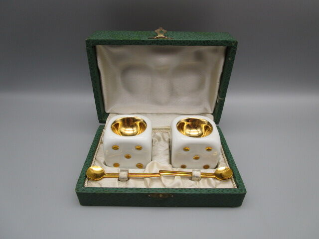 Pair of vintage porcelain salerons, shape dice to play - in case