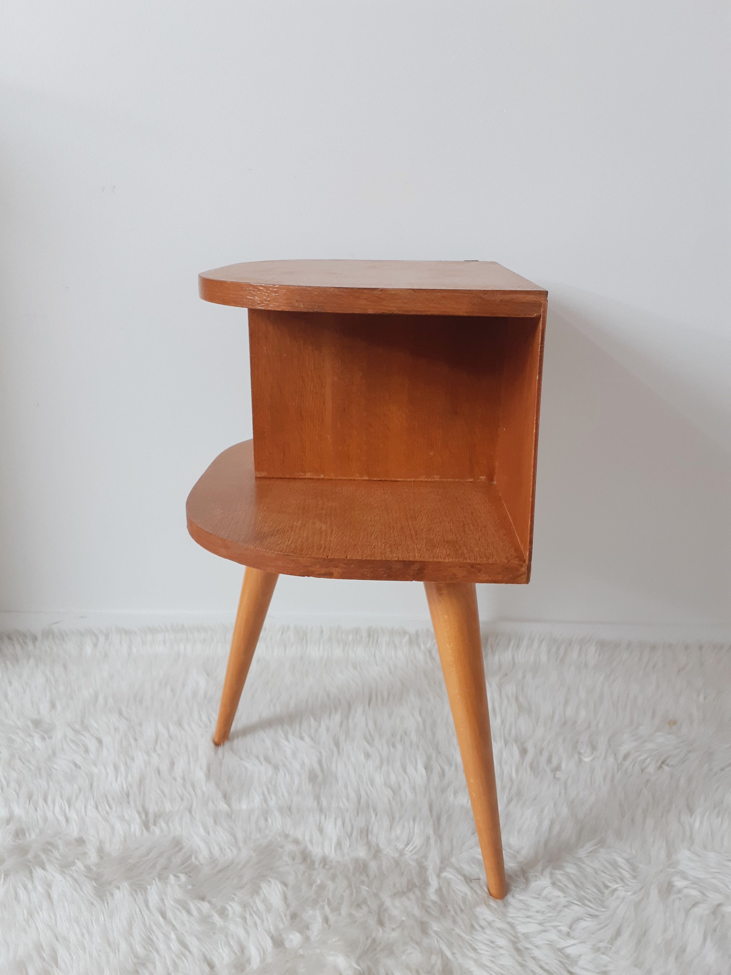 Old bedside table varnished wood, tripod varnished feet, vintage French, 50s (1)