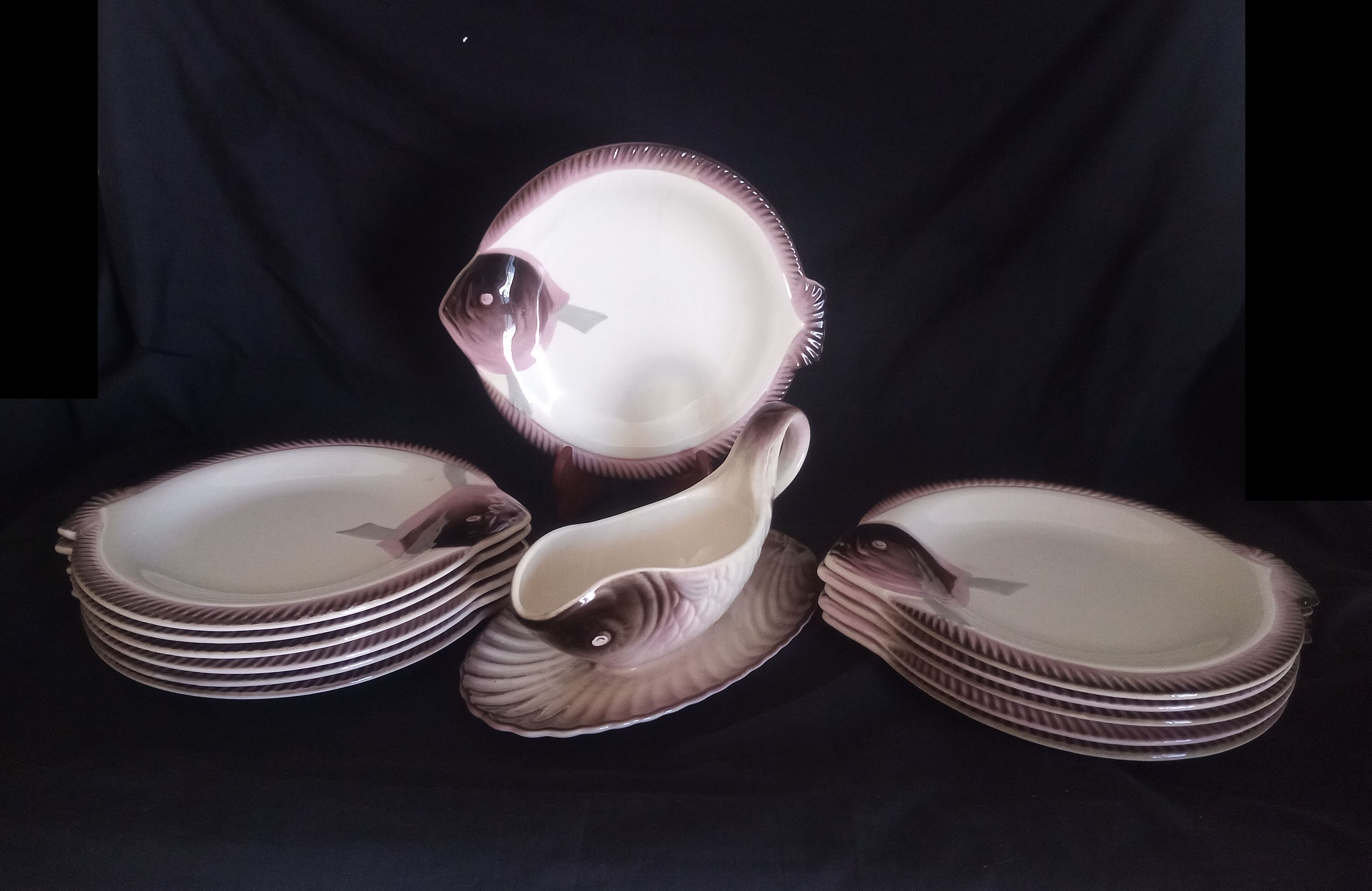 Fish service for 12 people in Longwy ceramic, Copenhagen model, 1960s