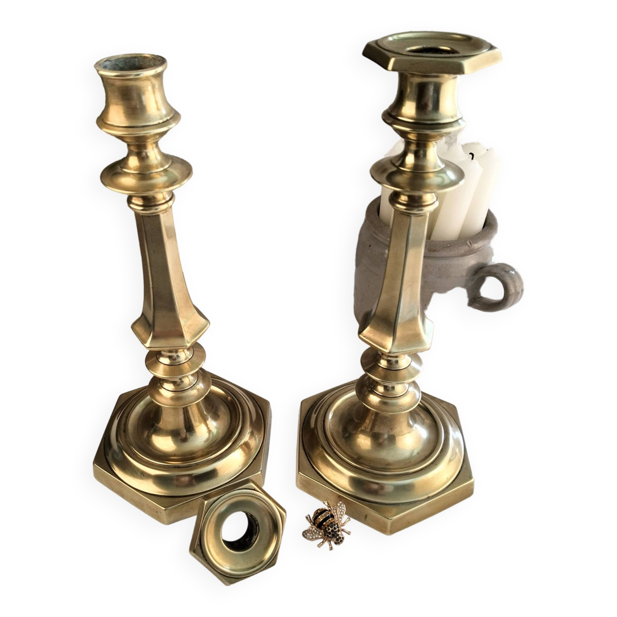 Charming Pair of Victorian Brass Candlesticks with Octagonal Bases - Matching Antique Candle Holders
