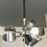 Space-age pendant lamp with 3 stainless steel lights and brushed aluminum adjustable in height - design 1970