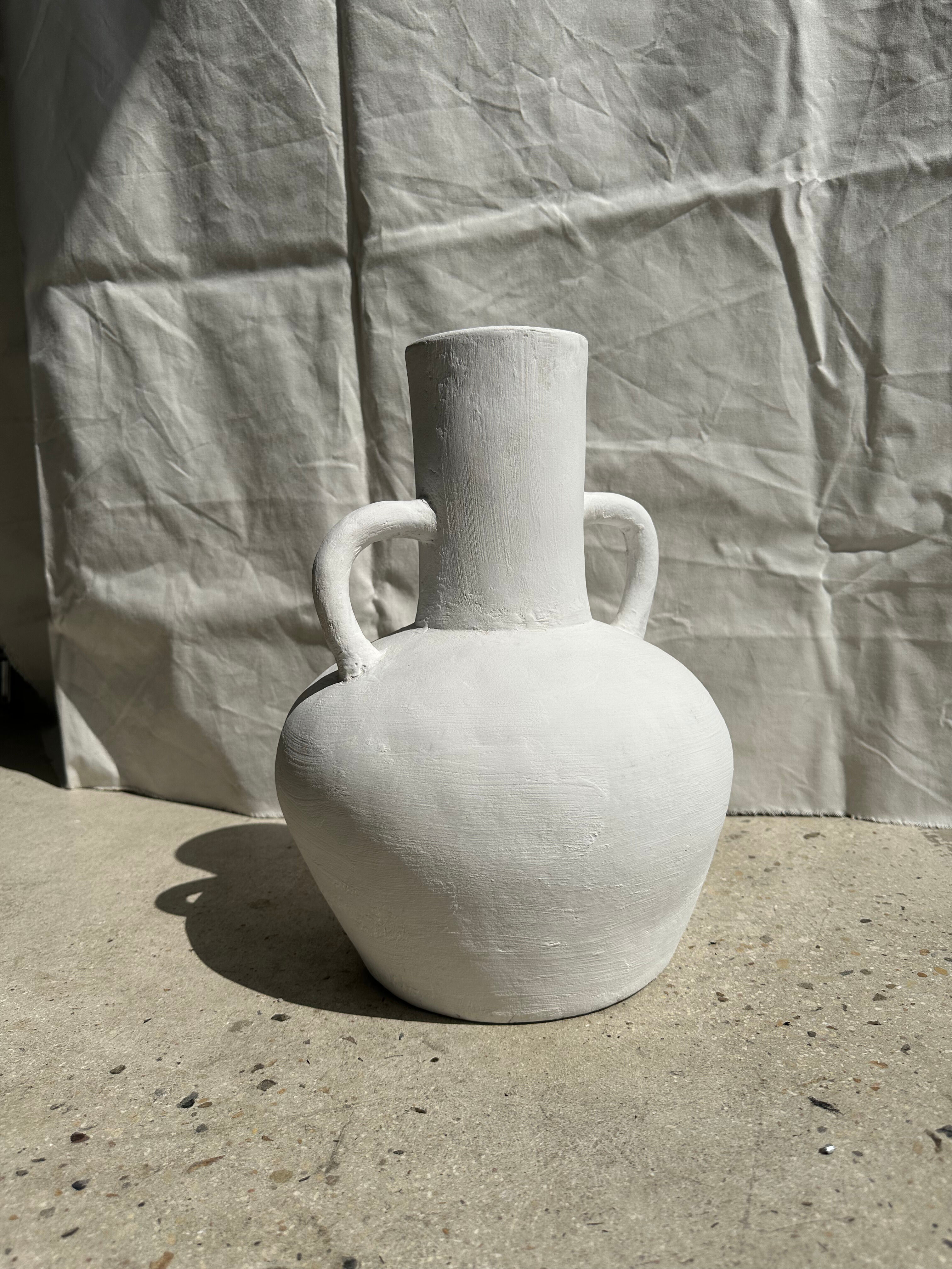 Handcrafted terracotta vase painted white with double handles h:40 d:30