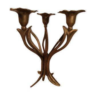 Triple golden brass flower candle holder