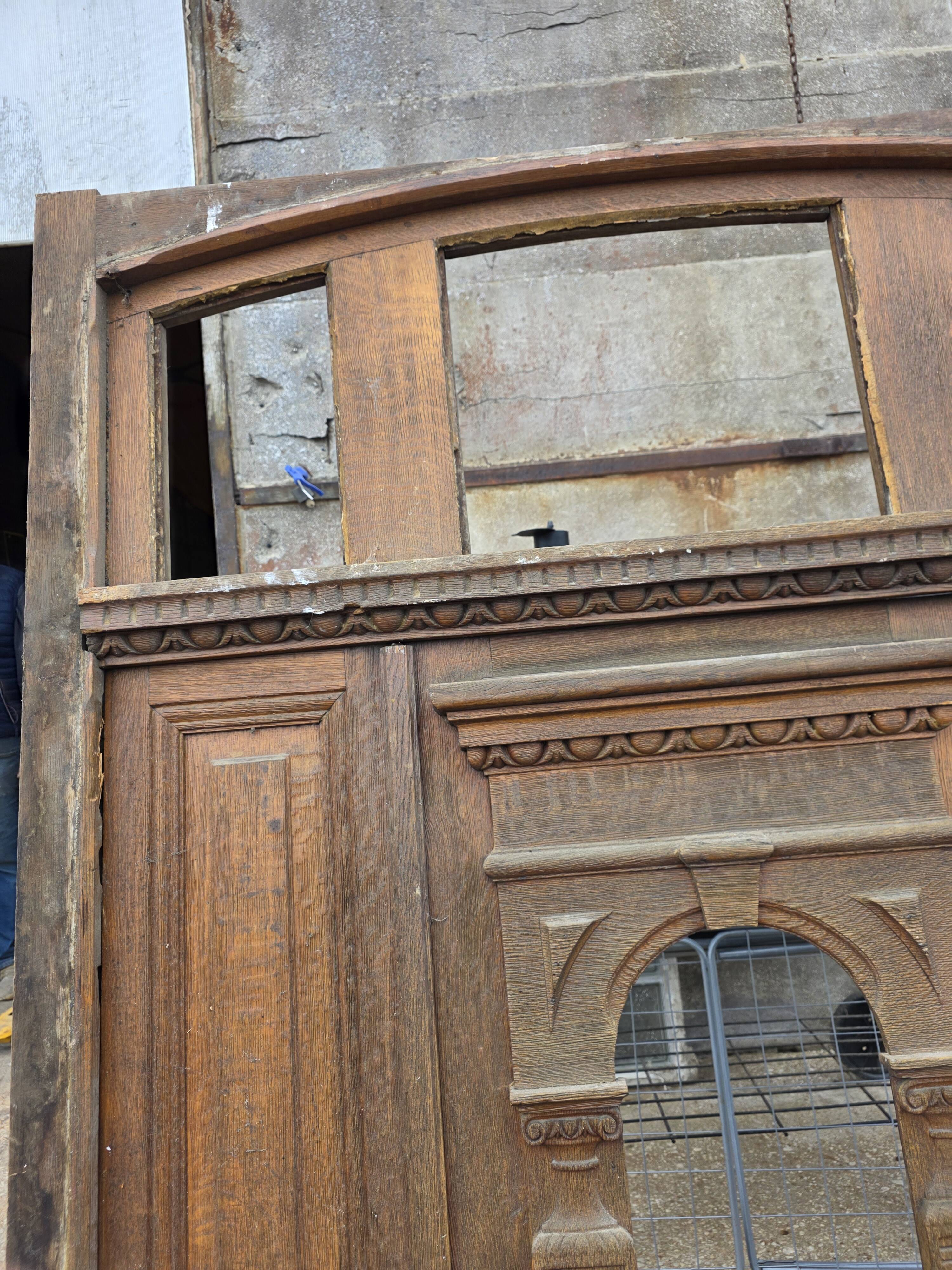 19th-century solid oak entrance door with three openings, including frame.
