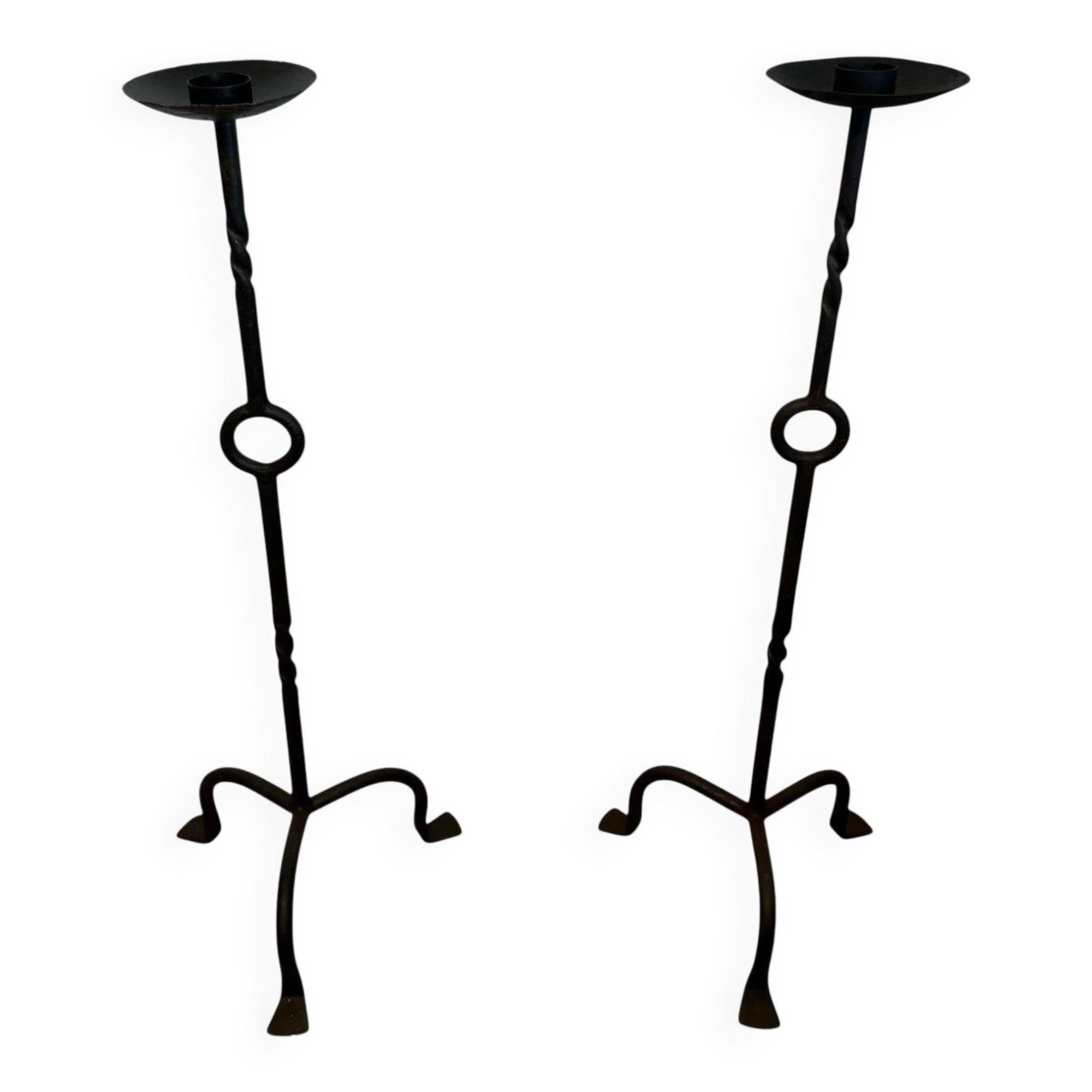 Pair of Iron Forged Candle Holders on a Stand with a Twisted Shaft and Ring. Work