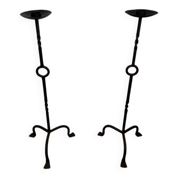 Pair of Iron Forged Candle Holders on a Stand with a Twisted Shaft and Ring. Work