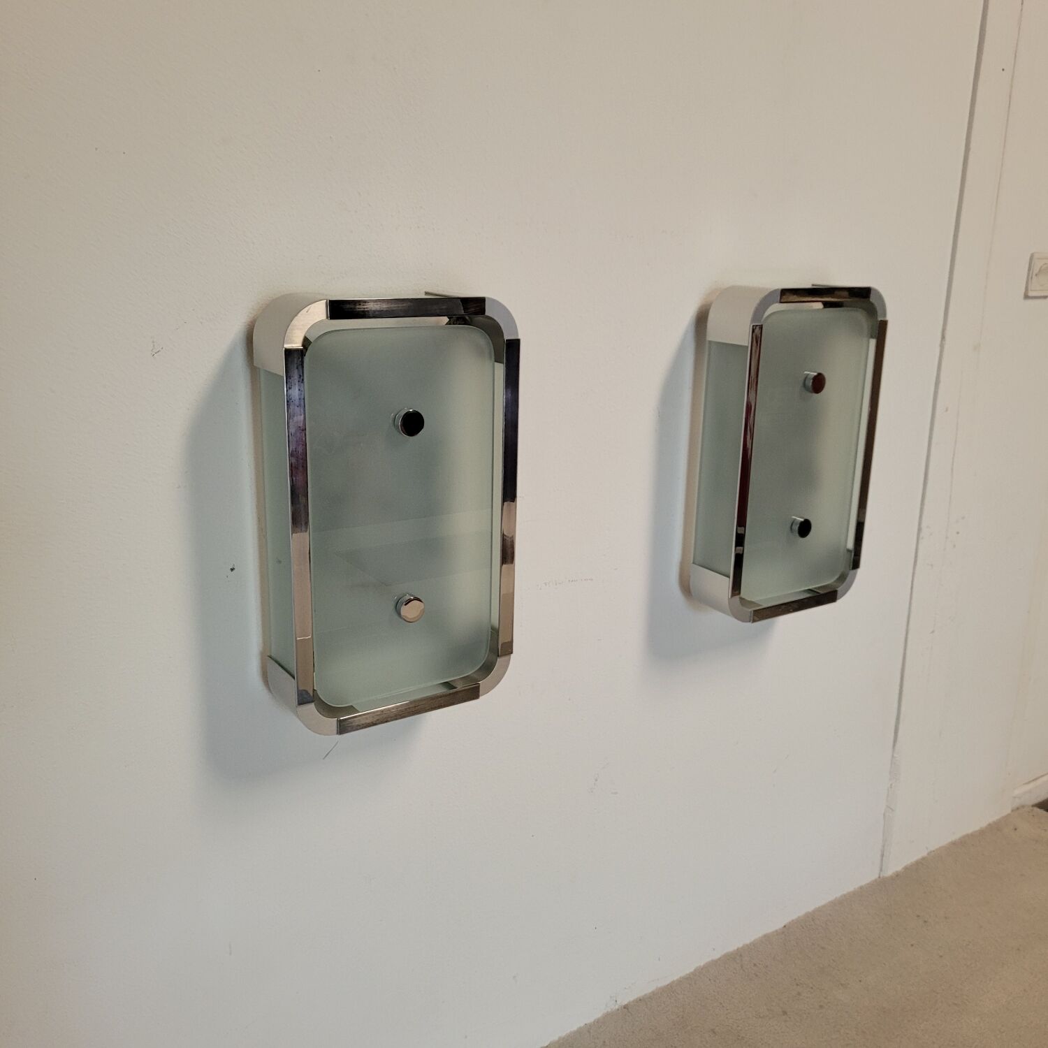 Pair of vintage sandblasted glass and chrome wall lights, 1970s