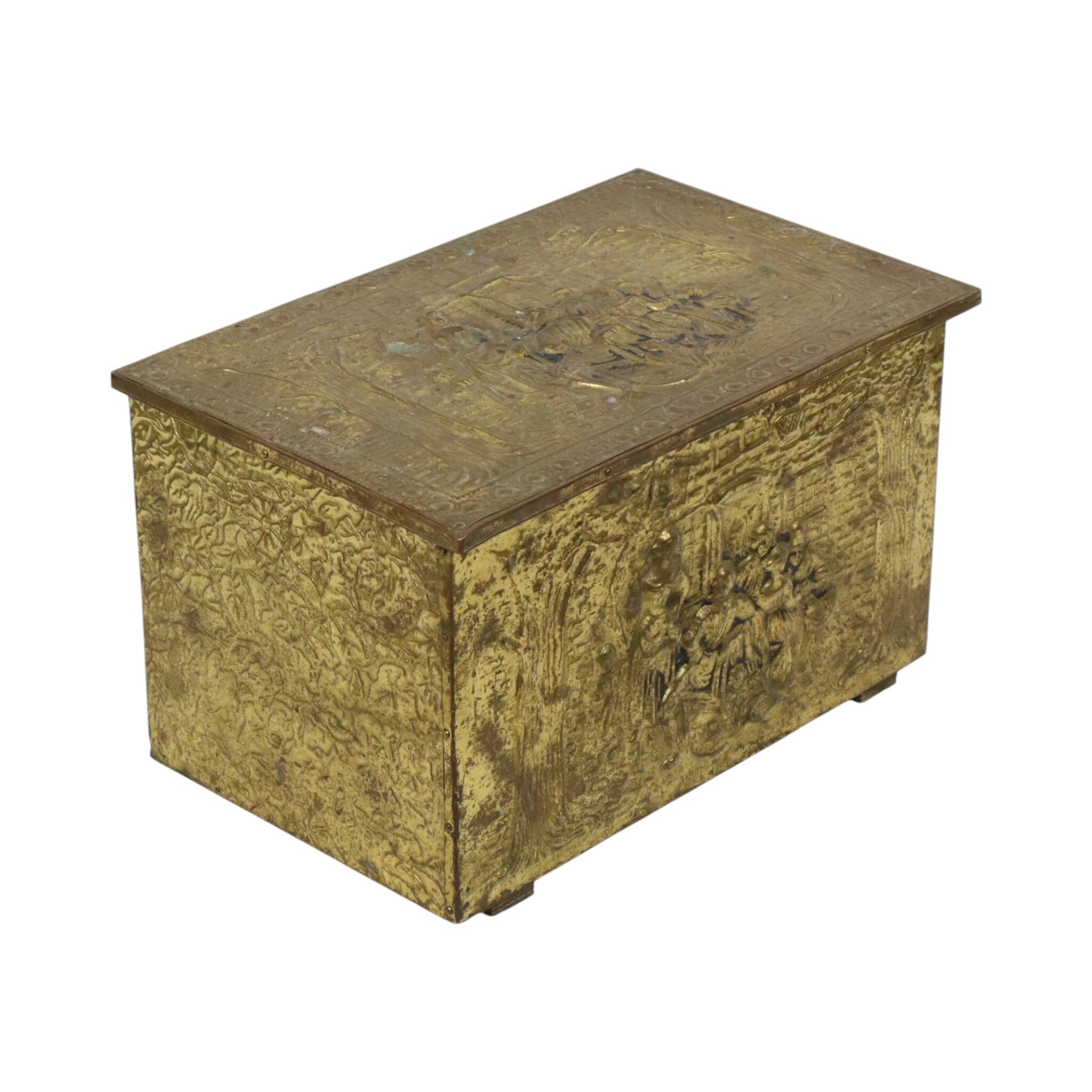 Large Repoussé Chest Coal Fireplace Brass Wood Early 20th Century