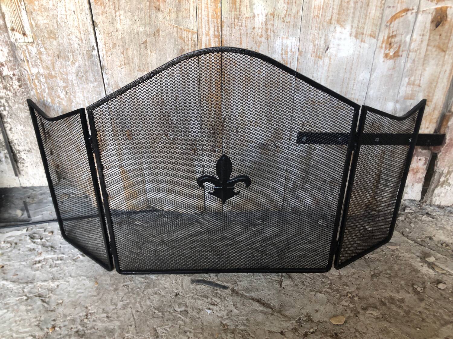 Grilled Fire Screen Fireplace 3 Shutters Black Metal Fleurs De Lys Vintage #A344