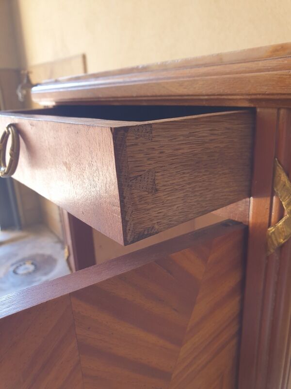 Louis XVI-style wooden veneer bedside table, marble top