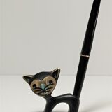 Porte stylo zoomorphe chat bronze patine noir design vintage