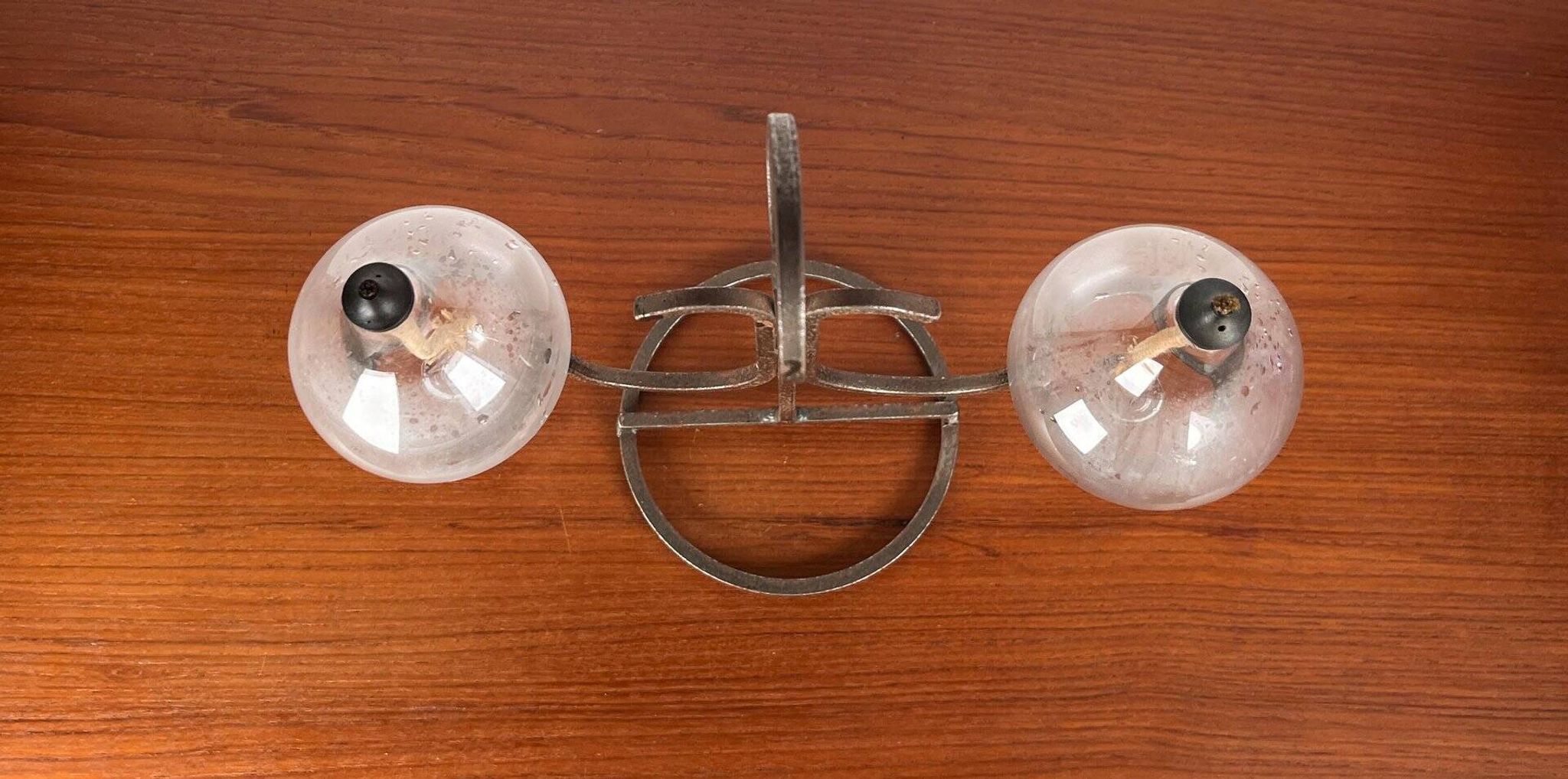 Mid-century Danish wrought iron and glass table oil lamp, 1960s.