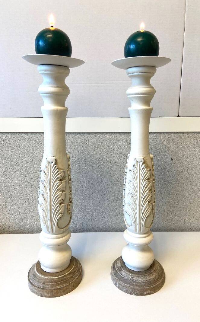 Pair of Candlesticks Candlesticks Turned Wood Carved Bleached Deco Art