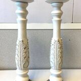 Pair of Candlesticks Candlesticks Turned Wood Carved Bleached Deco Art