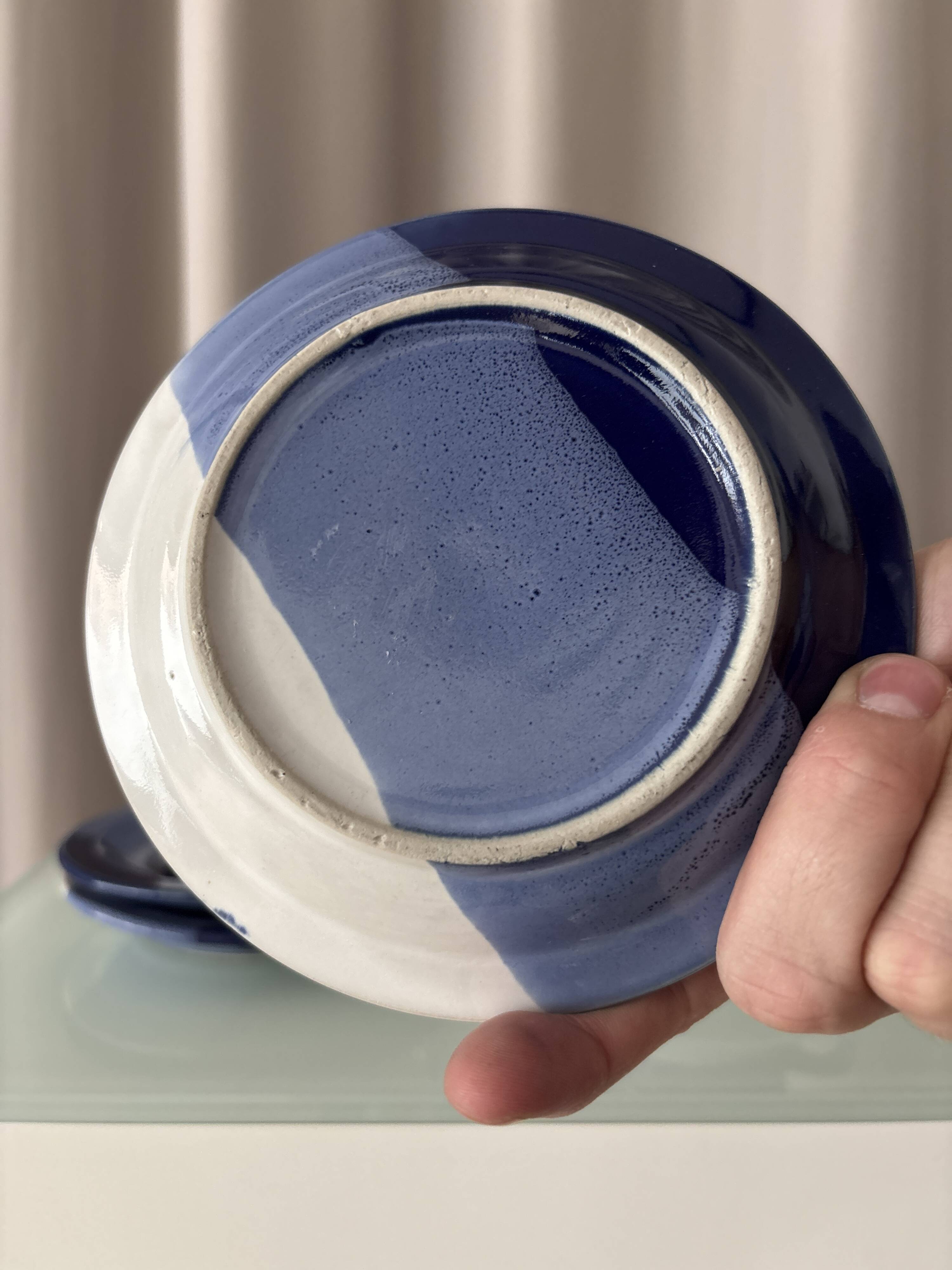 Set of 4 Vintage Studio Pottery Cups & Saucers – Hand Glazed Blue & White