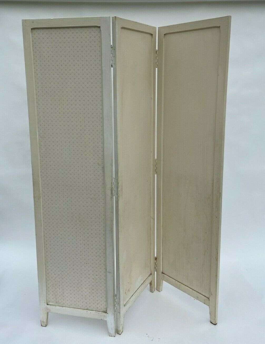 Paravent 3 vantaux 1920 patine creme en bois papier colle
