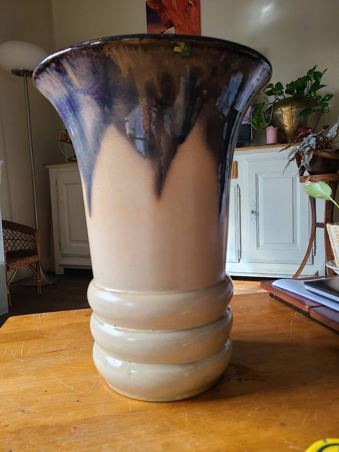 Large ceramic vase circa 50 blue/purple/beige enamel