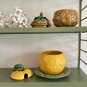 Set of ceramic fruits, a strawberry decanter and two lemon and pineapple jam jars