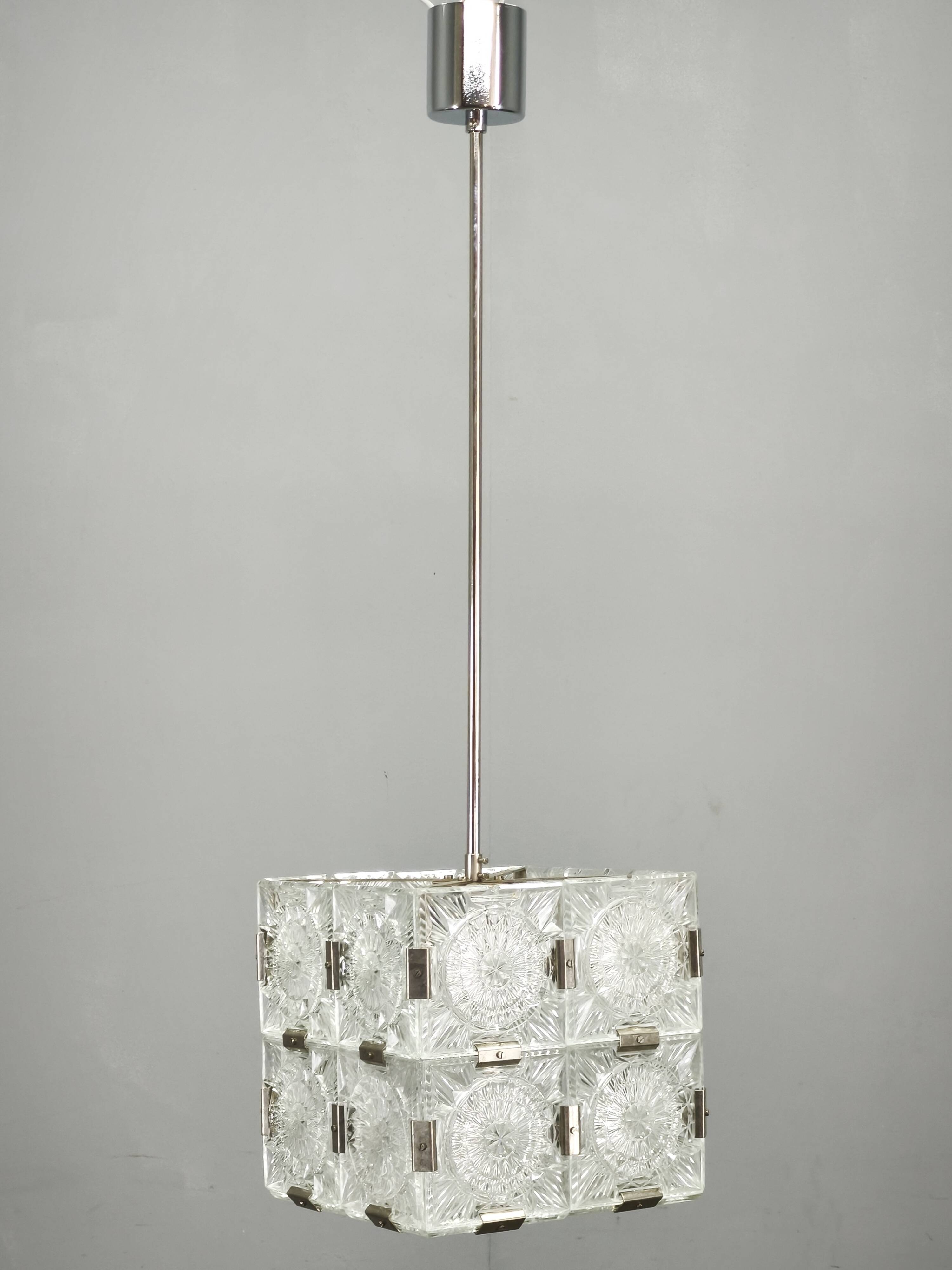 1970s Czech Geometric Pressed Glass and Chrome Cube Pendant Light