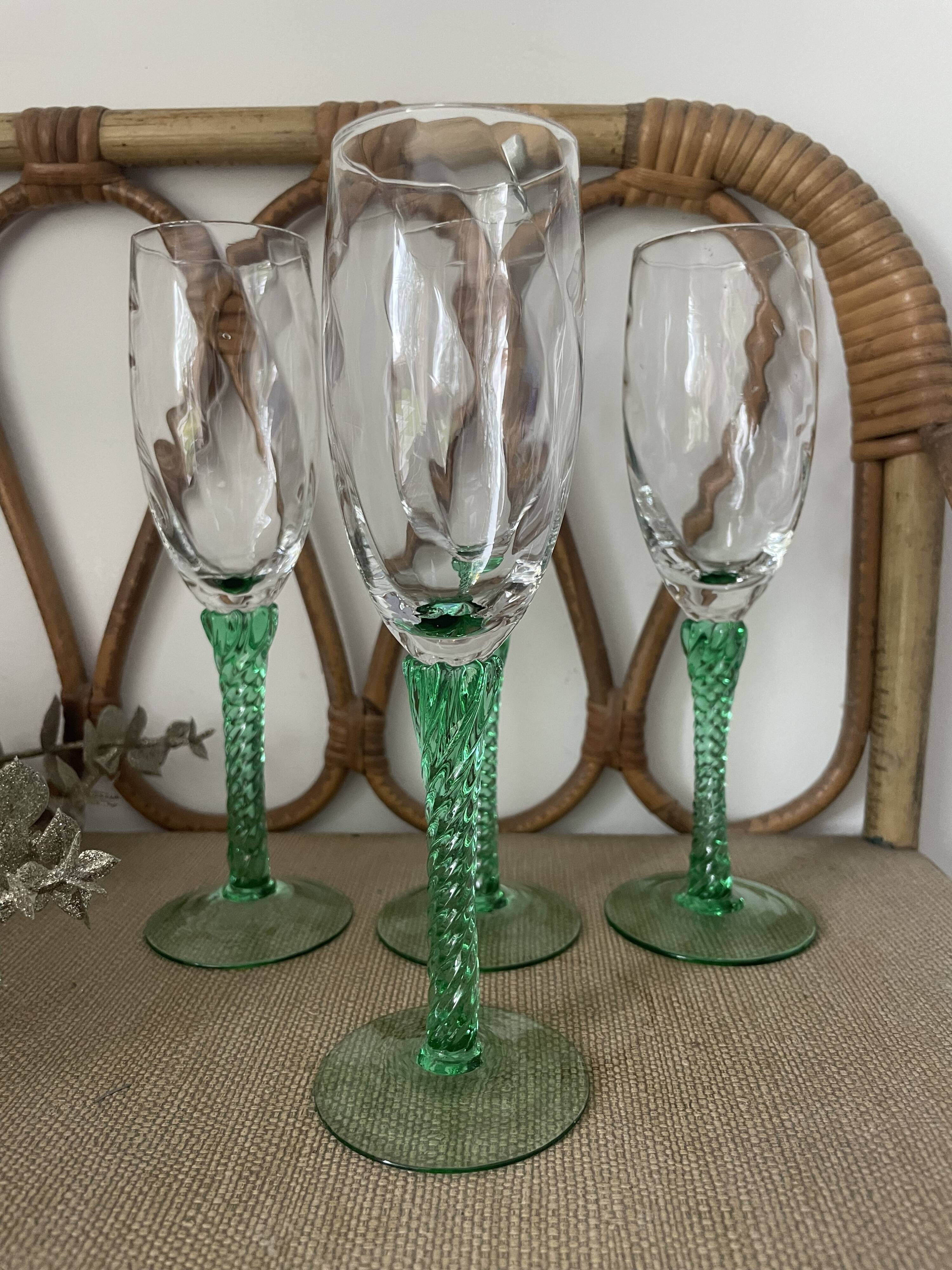 4 champagne flutes, Italian glassware, 1960s, green twisted stem