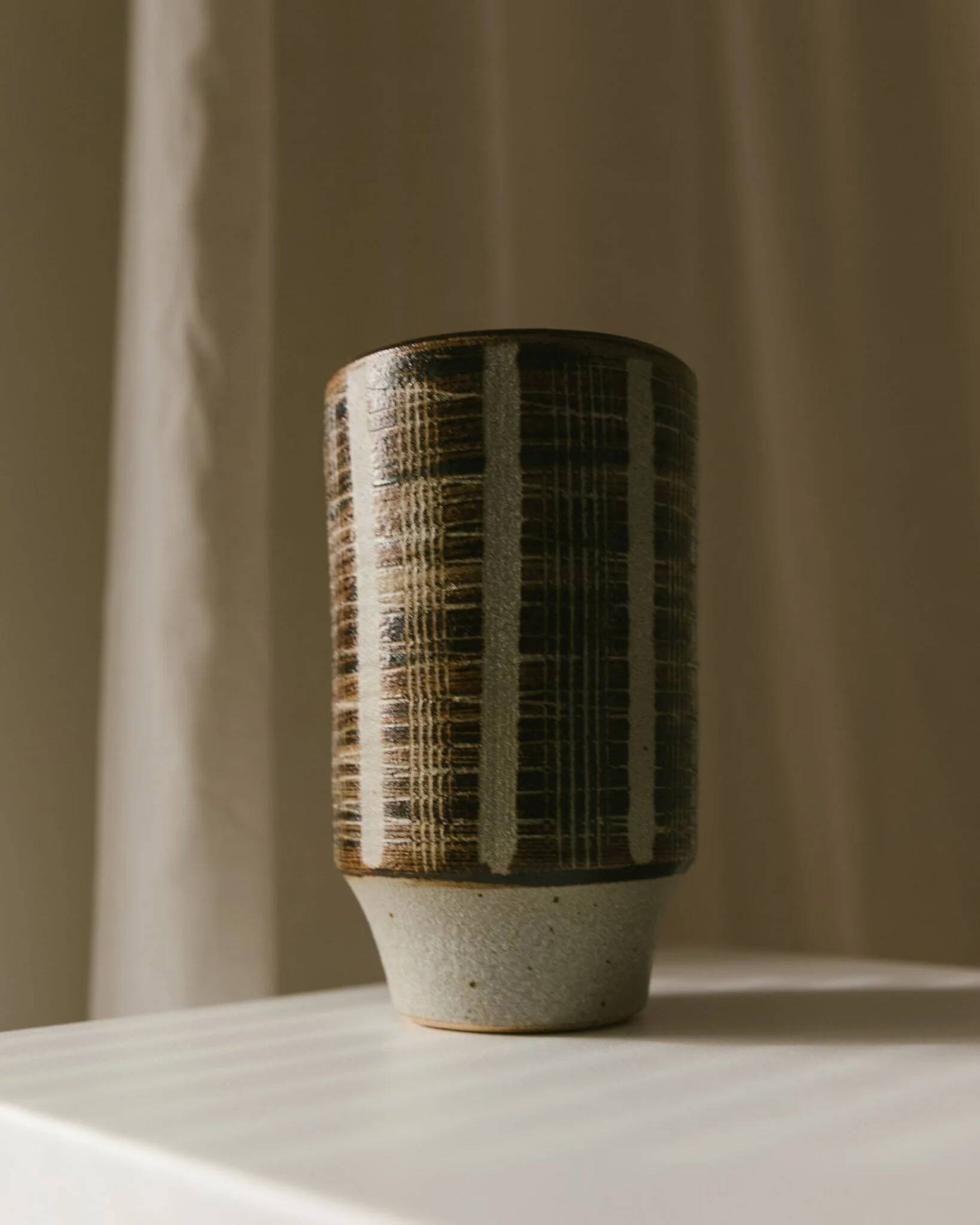 Brown Beige Ceramic Vase - Mid-Century Studio Vase, 1960s, Crosshatch Texture