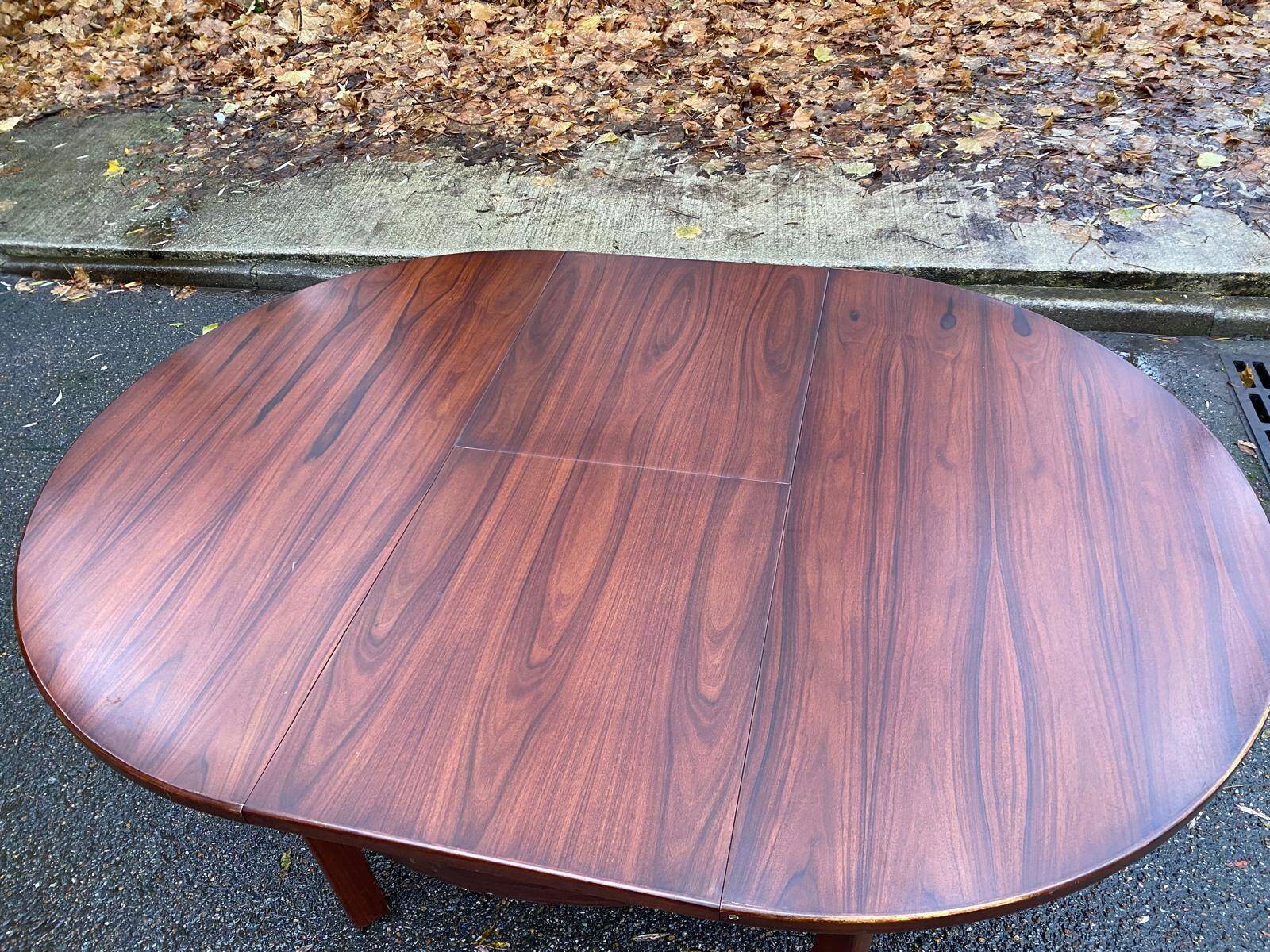 Scandinavian dining table and 4 Hans Olsen style chairs in teak and velvet.