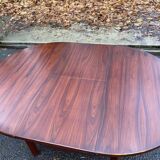 Scandinavian dining table and 4 Hans Olsen style chairs in teak and velvet.