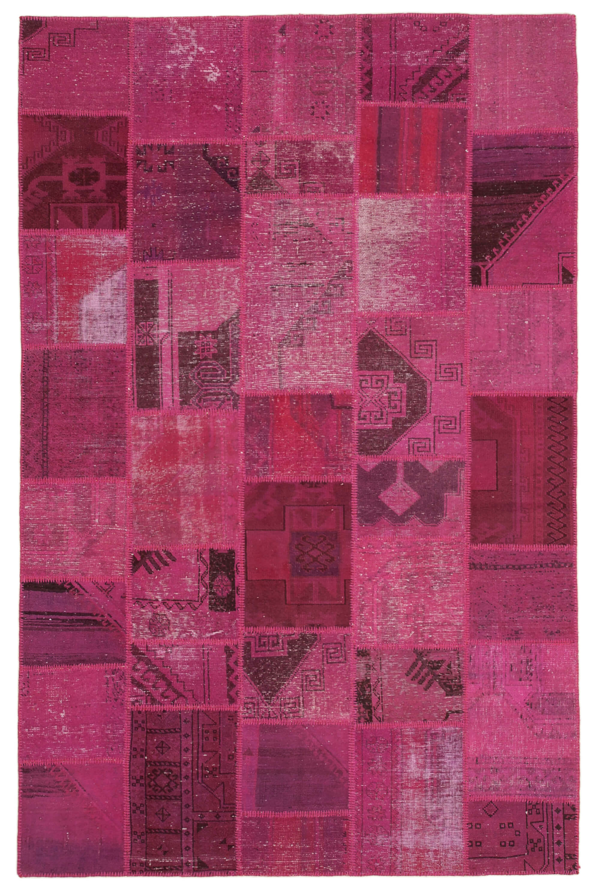 Hand-knotted oriental vintage 198 cm x 302 cm pink patchwork carpet