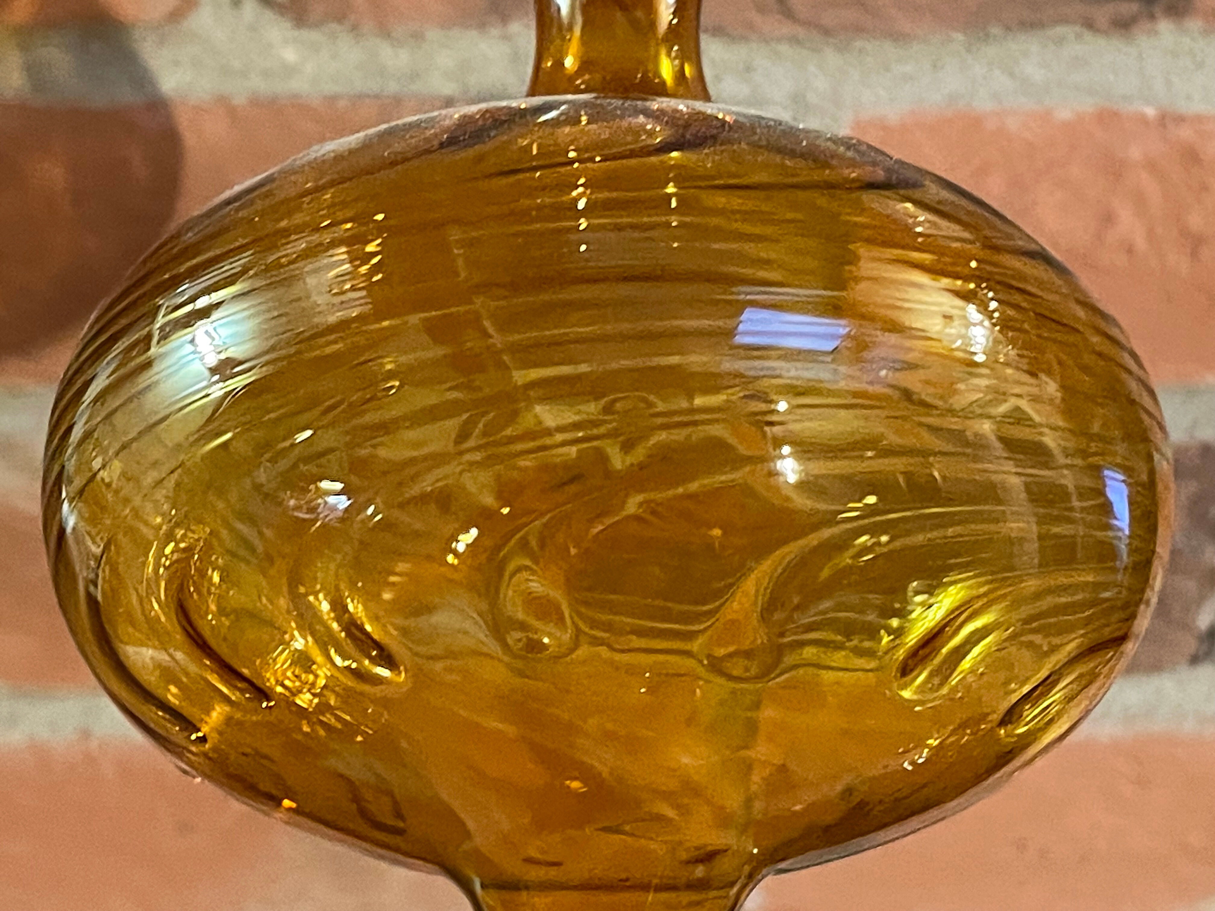 East German GDR Mouth-Blown Amber Art Glass Vase with Swirled Ribbing Texture, Possibly by Lauscha