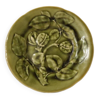 Medlar green majolica plate signed HB choisy le Roi 19th century