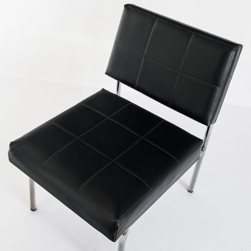 Pair of vintage low armchairs in chrome metal and skaï, Spain 1970