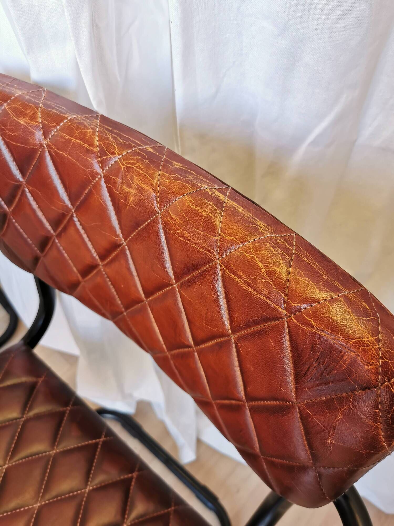 Set of 6 Vintage Cognac Leather Dining Chairs: Quilted Industrial Armchair