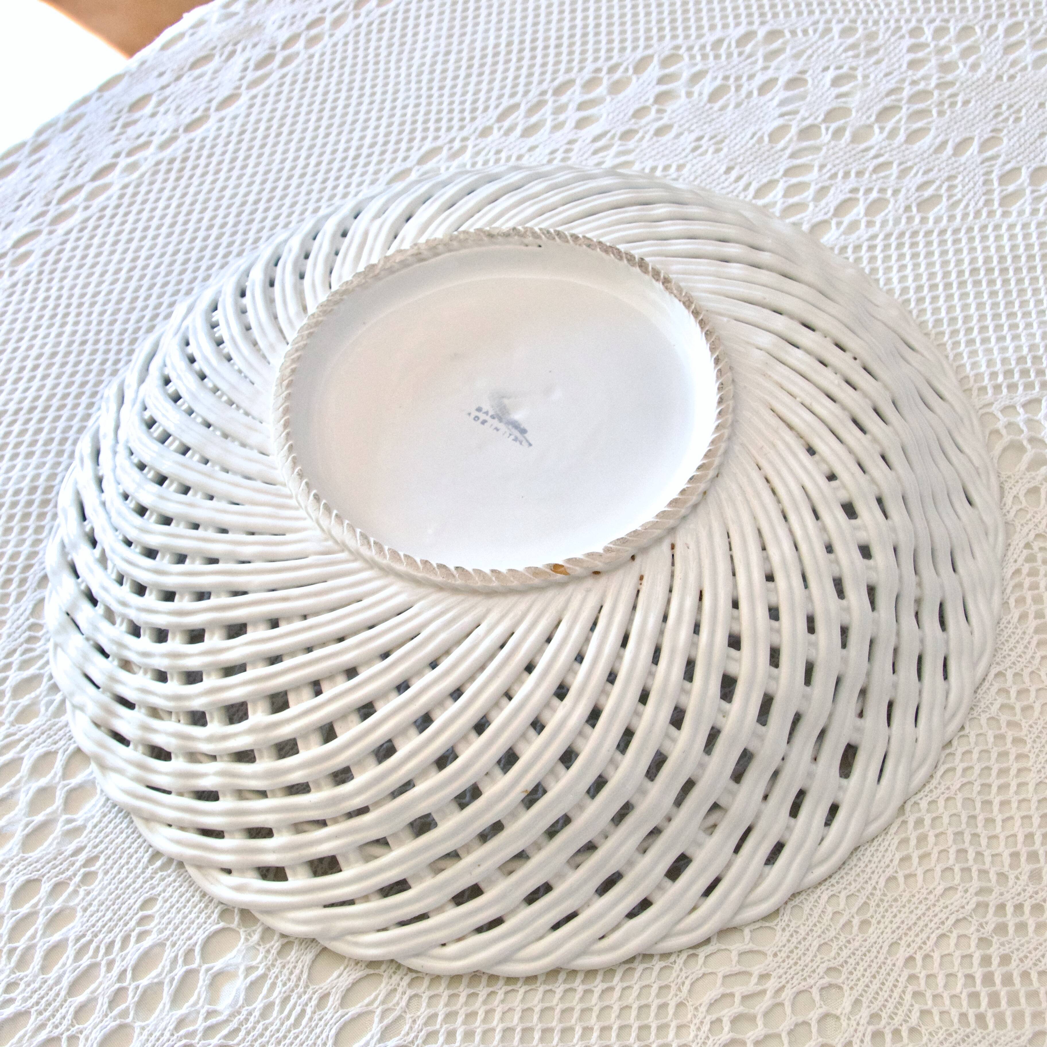 Huge antique Bassano bowl in openwork braided majolica