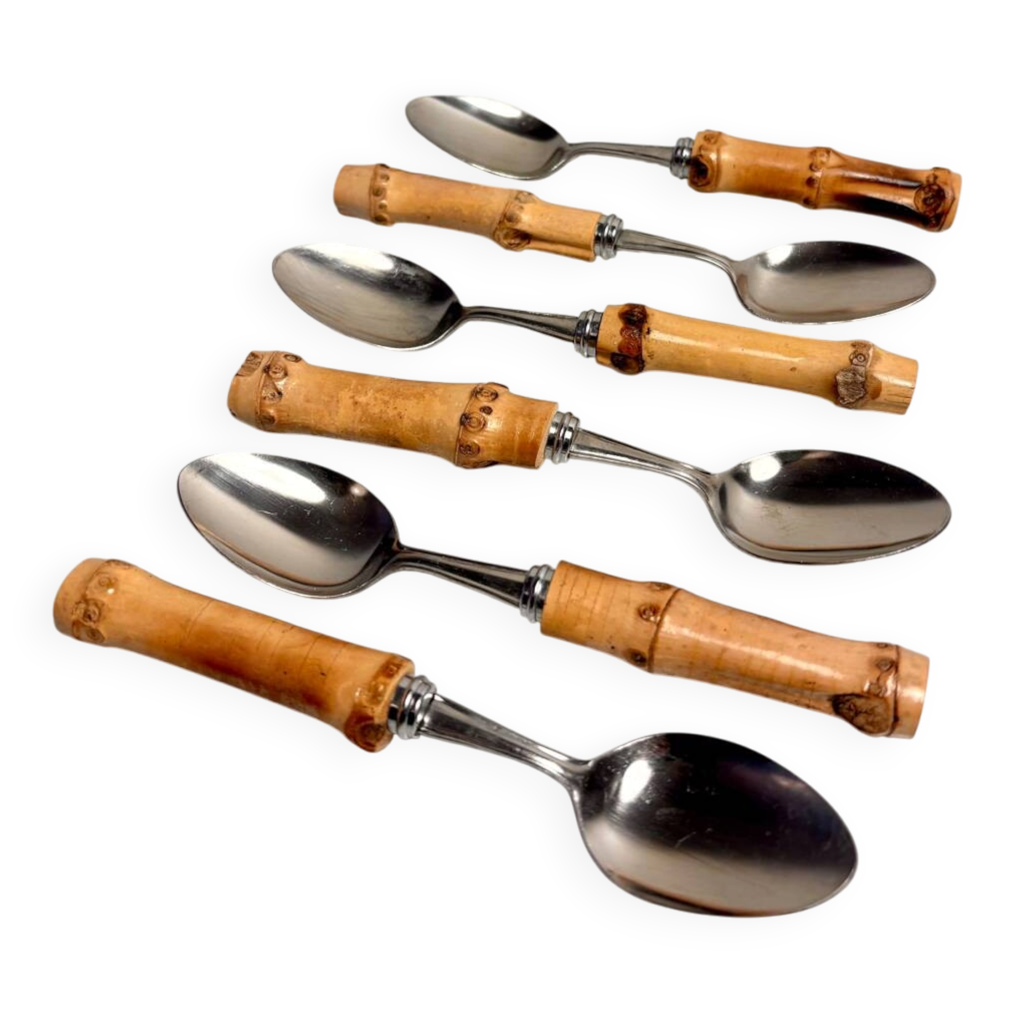 Set of 6 vintage dessert spoons with bamboo handles.