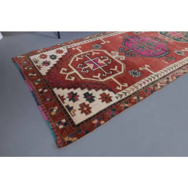 1970s Vintage Turkish Hand-Knotted Wool Cotton Red Runner Rug 90x390