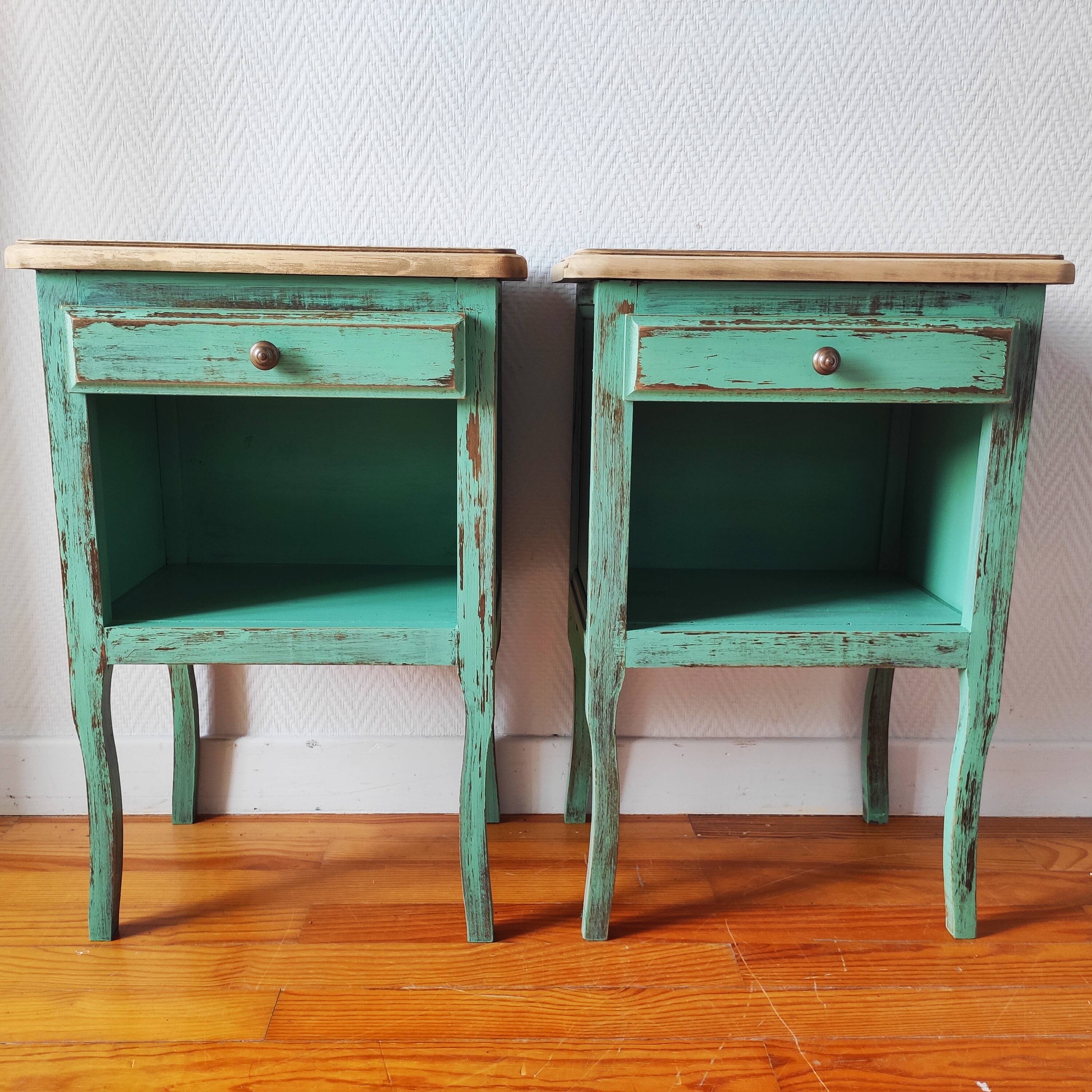 Pair of bedside tables with aged patina